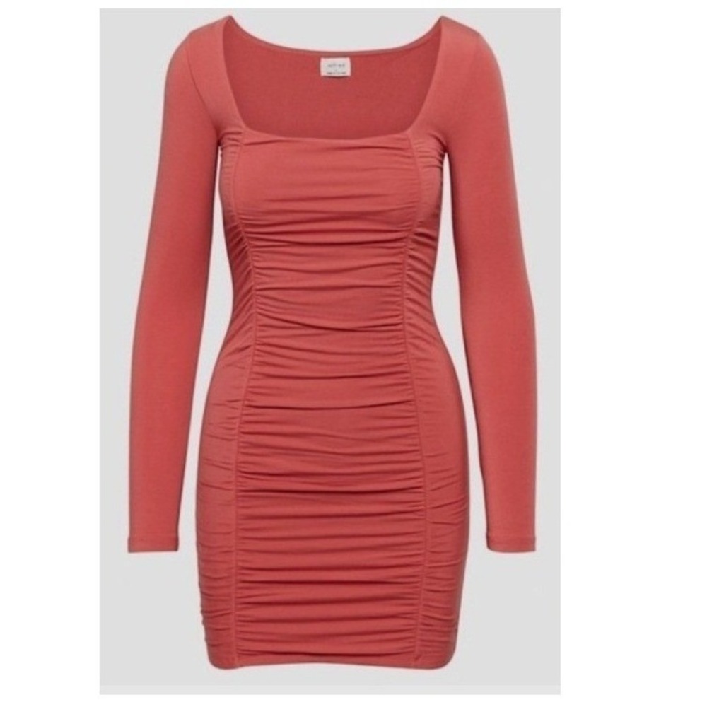 Wilfred Aritzia Ruched Mini Dress Burnt Orange Square Neck Long Sleeve XS 99474